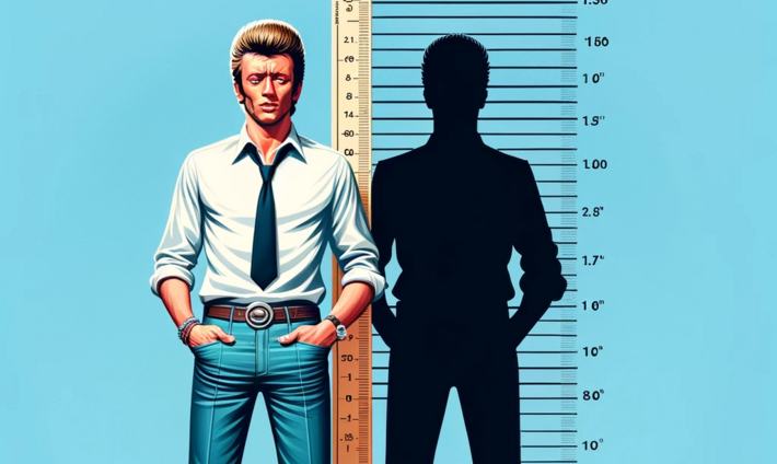 an image depicting a man resembling Johnny Hallyday standing next to a giant ruler indicating his height of 1.85 meters, in a realistic style